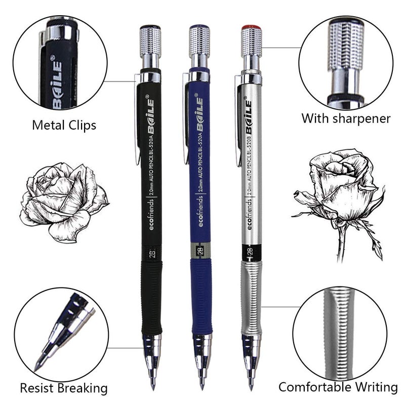 Baile JYsun 6pcs 2mm Mechanical Pencils with 4 Cases Color Lead Refills and 2 Cases Black Refills for Art Sketching Carpenter Draft Drawing Writing Crafting - Image 2